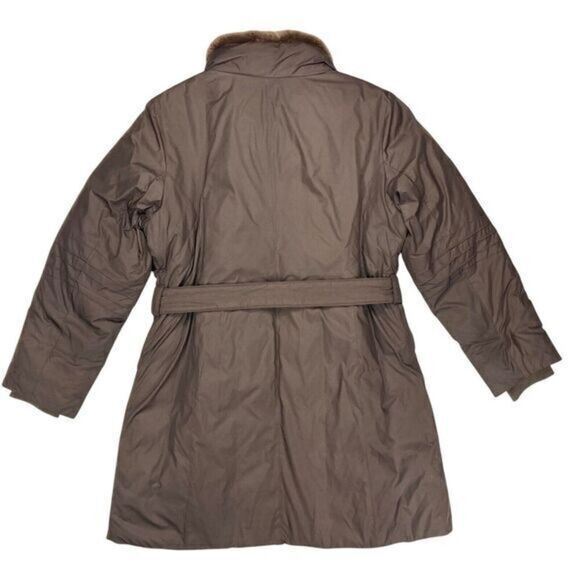 Anne Klein Rabbit Fur Trimmed Coat Sz M Brown Down Filled Belted Classic Jacket - Picture 7 of 16